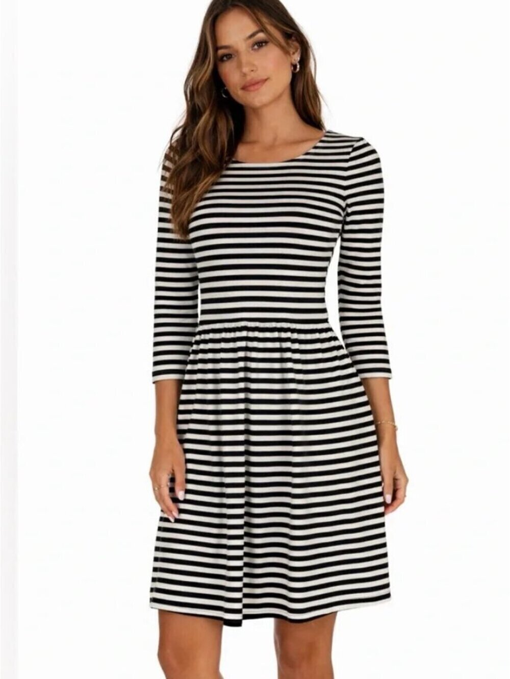 J.Crew | Sz M | Navy White Stripe 3/4 Sleeve A-Line